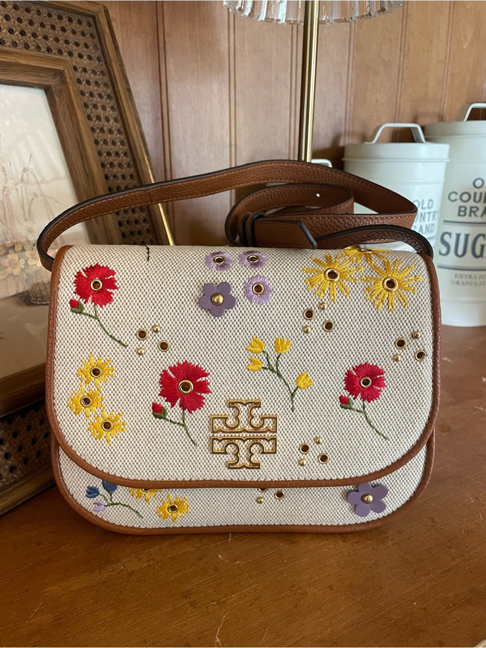 Tory Burch Cream Floral Embroidered Crossbody with Brown Trim